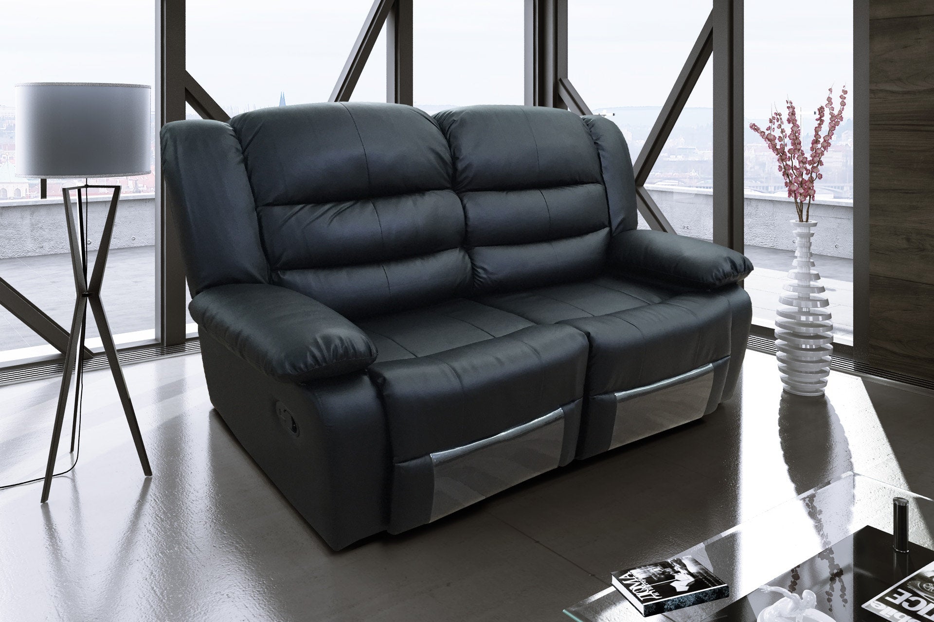 ROMA Leather Recliner 2 Seater sofa -Black/Grey