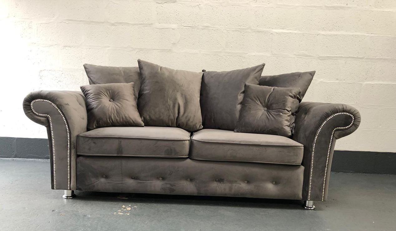 Zoe Plush 3 Seater sofa Grey-Button Arms